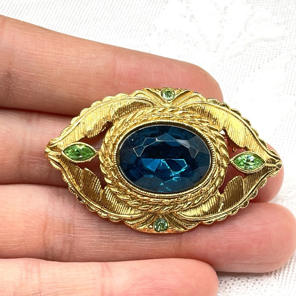Vintage 1928 Blue Paste Stone w/ Rhinestones Brooch Bar Pin Victorian Revival